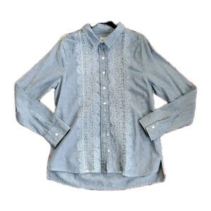 Guess Sheer Panel Amaia Chambray Lace Button Up Dress Shirt Sz Medium Country